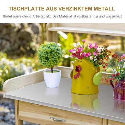 Table De Jardin Plant Table Avec Plan De Travail Galvanisé, Tiroir Et Armoire, 112X45X125Cm, Naturel