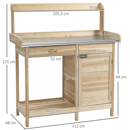 Table De Jardin Plant Table Avec Plan De Travail Galvanisé, Tiroir Et Armoire, 112X45X125Cm, Naturel