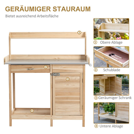 Table De Jardin Plant Table Avec Plan De Travail Galvanisé, Tiroir Et Armoire, 112X45X125Cm, Naturel