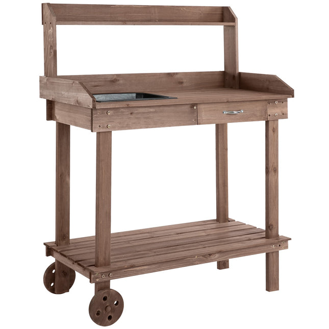 Table À Plantes Avec Tiroir 2 Marches Table De Jardinage Avec Évier Et Roulettes Bois De Sapin De Jardin Marron 92 X 45 X 119 Cm