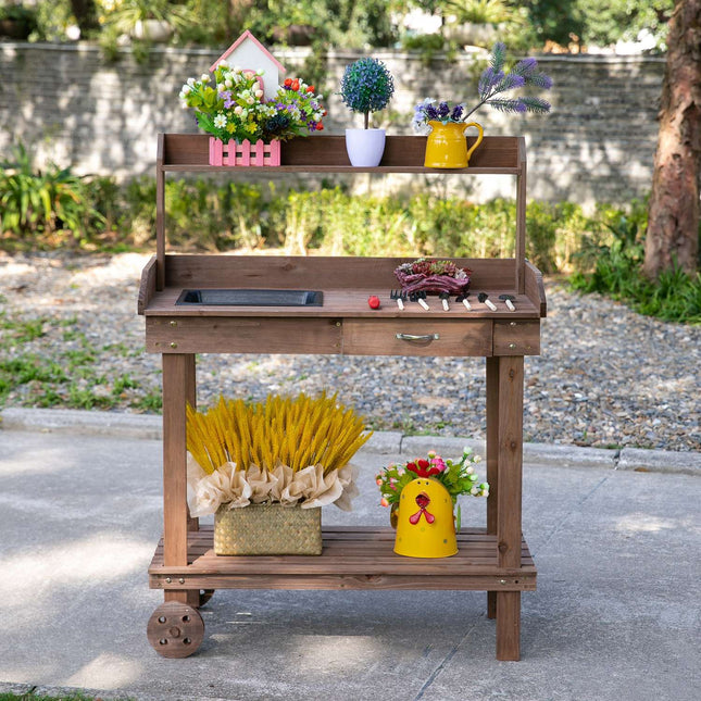 Table À Plantes Avec Tiroir 2 Marches Table De Jardinage Avec Évier Et Roulettes Bois De Sapin De Jardin Marron 92 X 45 X 119 Cm