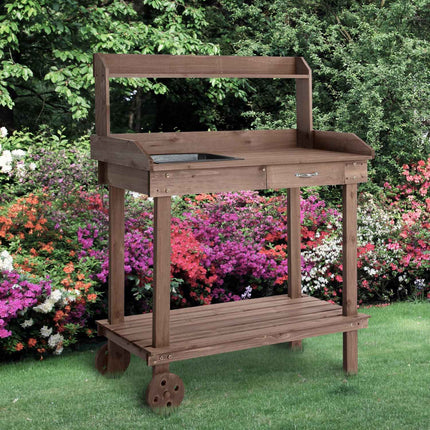 Table À Plantes Avec Tiroir 2 Marches Table De Jardinage Avec Évier Et Roulettes Bois De Sapin De Jardin Marron 92 X 45 X 119 Cm