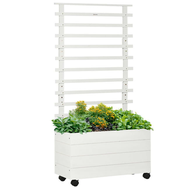 Jardinière avec treillis, jardinière à roulettes, plate-bande surélevée pour plantes grimpantes, bois naturel, blanc, 76 x 30 x 155 cm pour jardin