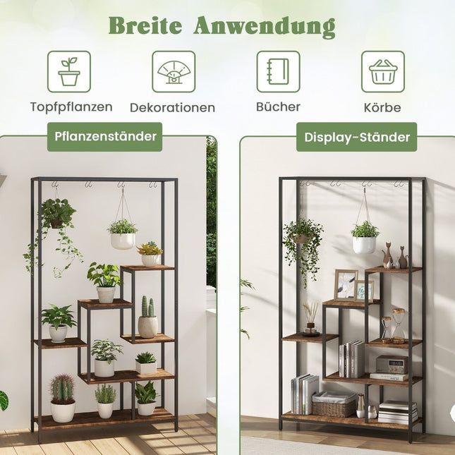 Support pour plantes 6 niveaux 180 cm étagère pour plantes en métal avec 10 crochets en S noir + marron rustique