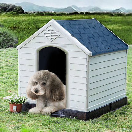 Hundehütte aus Kunststoff mit erhöhtem Boden, Blau-Weiß