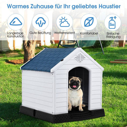 Hundehütte aus Kunststoff mit erhöhtem Boden, Blau-Weiß