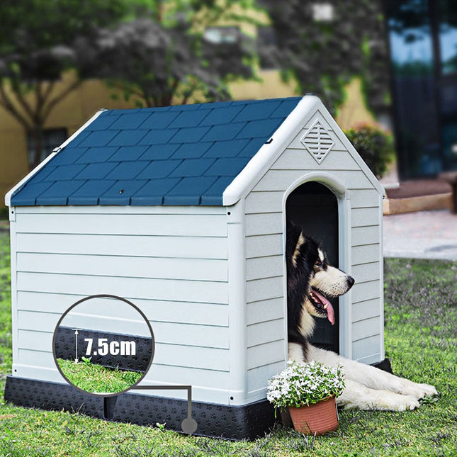 Hundehütte aus Kunststoff mit erhöhtem Boden, Blau-Weiß