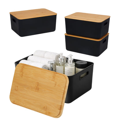 Ensemble de boîtes de rangement en plastique avec couvercle en bambou, empilables