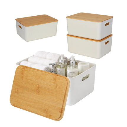 Ensemble de boîtes de rangement en plastique avec couvercle en bambou, organisateurs empilables