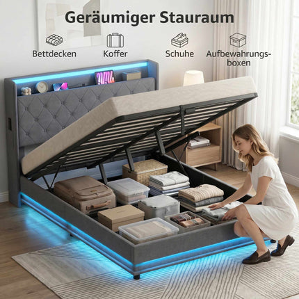 Plattformbettgestell 140x200 cm mit Stauraum & LED-Beleuchtung