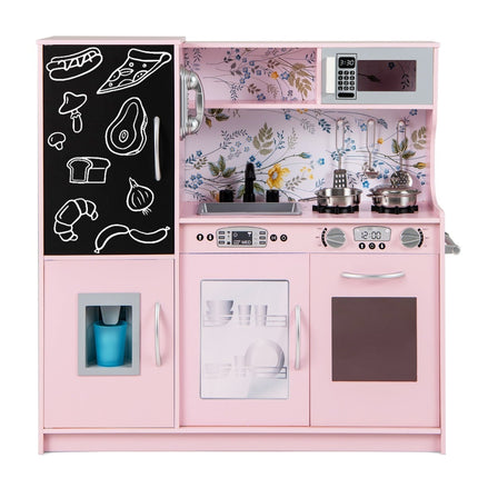 Cuisine miniature pour tout-petits avec tableau noir, rose