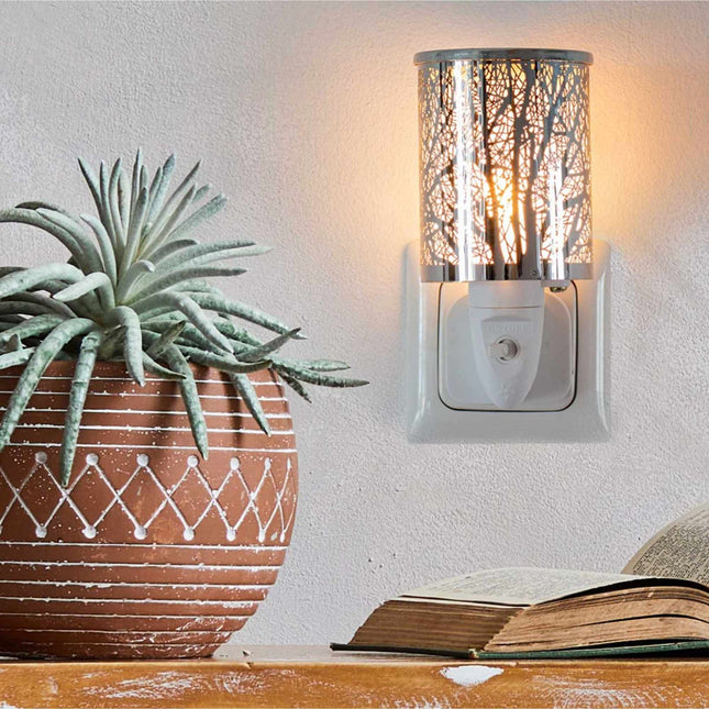 Lampe à parfum à brancher avec veilleuse, motif arbre en fer