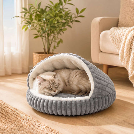 Plush Cat Cave Bed with Removable Cushion and Non-Slip Base, Grey, Washable