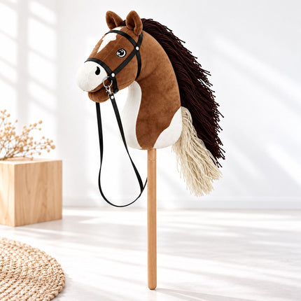 Plush Hobby Horse on Beech Wood Stick with Bridle and Reins, Brown