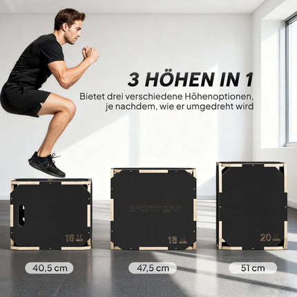 Plyometrischer Sprungkasten, verstellbare Höhen, Sperrholz, Schwarz