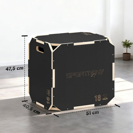 Plyometrischer Sprungkasten, verstellbare Höhen, Sperrholz, Schwarz