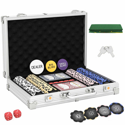 Coffret de jetons de poker avec étui, dés, bouton de donneur et 2 jeux de cartes.
