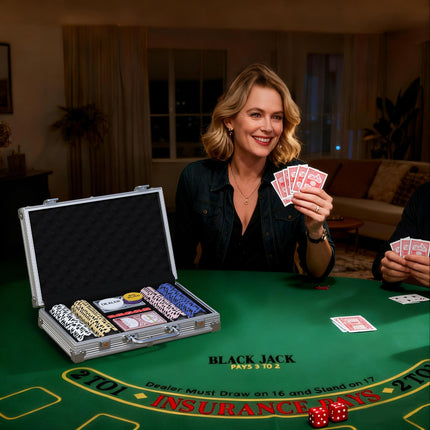 Coffret de jetons de poker avec étui, dés, bouton de donneur et 2 jeux de cartes.