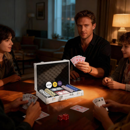 Coffret de jetons de poker avec étui, dés, bouton de donneur et 2 jeux de cartes.