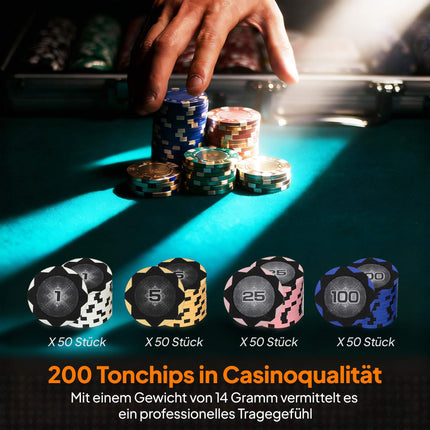 Coffret de jetons de poker avec étui, dés, bouton de donneur et 2 jeux de cartes.