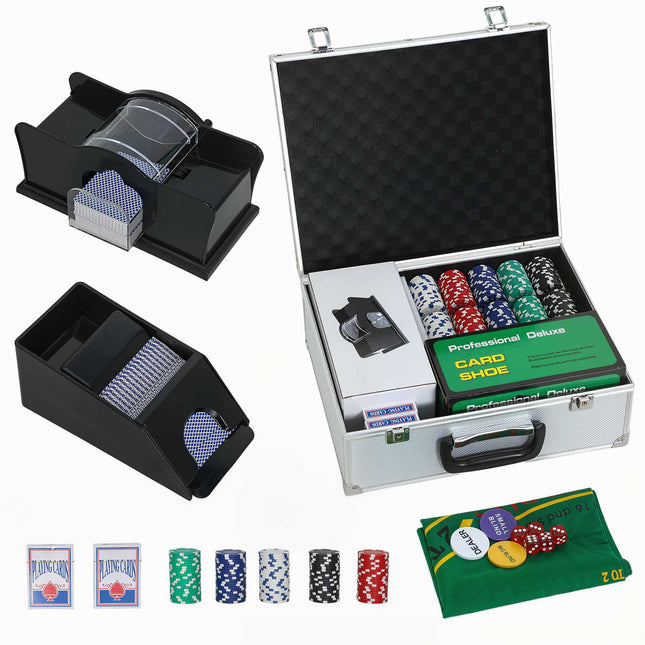Jeu de poker pour 8 joueurs comprenant 300 jetons, 2 jeux de cartes, des dés et une mallette.