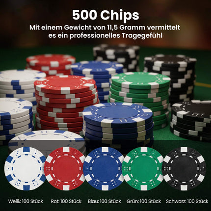 Coffret de poker pour 10 joueurs comprenant 500 jetons, 2 jeux de cartes, des dés et une mallette.