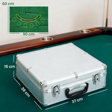 Coffret de poker pour 10 joueurs comprenant 500 jetons, 2 jeux de cartes, des dés et une mallette.