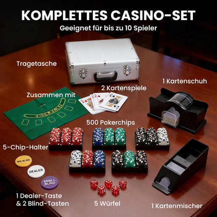 Coffret de poker pour 10 joueurs comprenant 500 jetons, 2 jeux de cartes, des dés et une mallette.