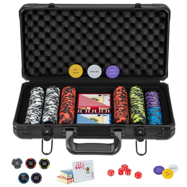 Set de poker avec 300 jetons laser et cartes à jouer & 5 dés & 3 jetons de croupier & 2 clés de poker