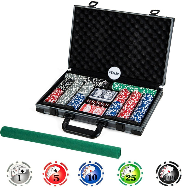 Set de poker avec 400 jetons laser, 2 cartes à jouer, 5 dés et bouton de croupier, coffret de poker en aluminium