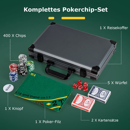 Pokerset mit 400 Laserchips &amp; 2 Spielkarten &amp; 5 Würfel &amp; Dealer-Button Aluminium Pokerkoffer