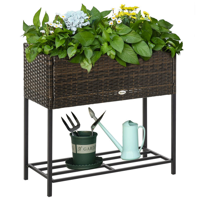 Pot De Fleur Surélevé En Poly Rotin Avec Pieds Pot De Fleur Avec Étagère Marron 70 X 30 X 72 Cm