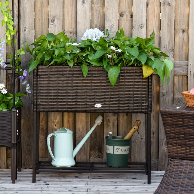 Pot De Fleur Surélevé En Poly Rotin Avec Pieds Pot De Fleur Avec Étagère Marron 70 X 30 X 72 Cm