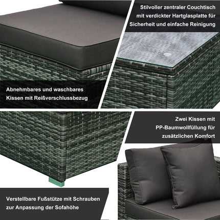 Polyrattan Gartenmöbel-Set für 4 Personen, grau