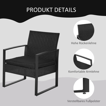 Schwarze Polyrattan Balkonmöbel-Set mit Kissen für 2 Personen