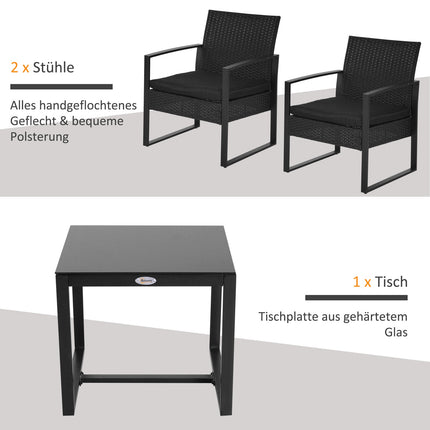 Schwarze Polyrattan Balkonmöbel-Set mit Kissen für 2 Personen