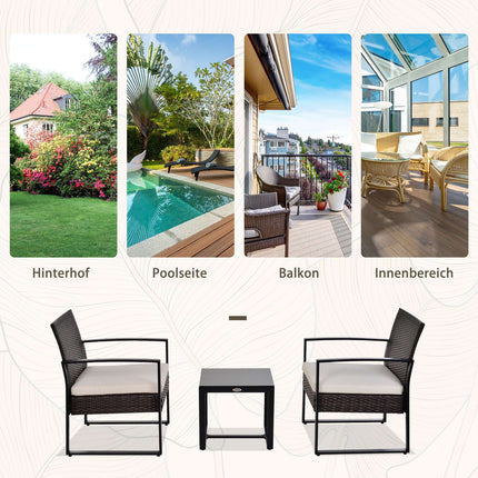 Salon De Jardin En Polyrotin Pour 2 Personnes, Salon De Balcon Avec Coussins Marron + Crème