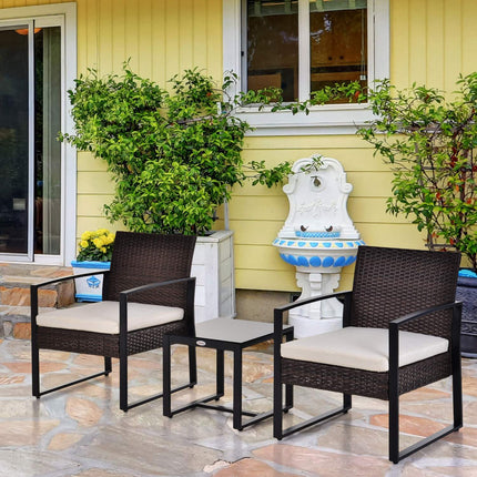 Salon De Jardin En Polyrotin Pour 2 Personnes, Salon De Balcon Avec Coussins Marron + Crème