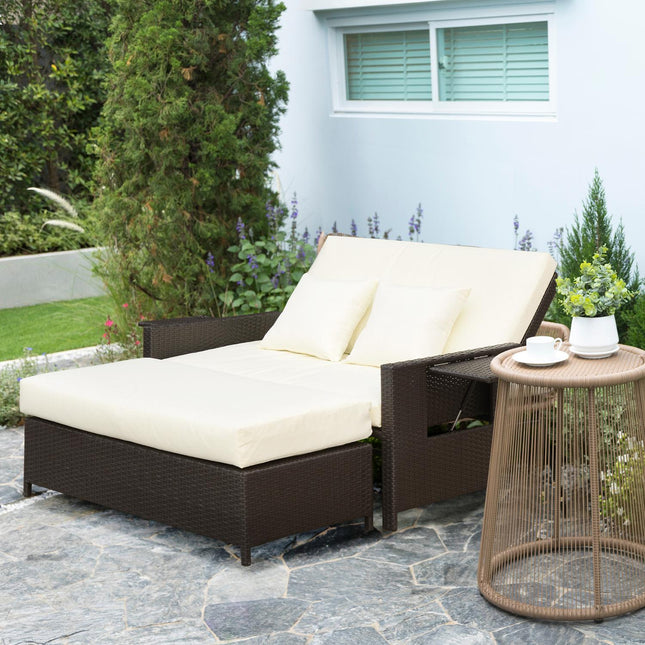 Canapé De Salon En Polyrotin Canapé De Jardin Chaise Longue De Jardin 2 Places Avec Coussin Tabouret Marron