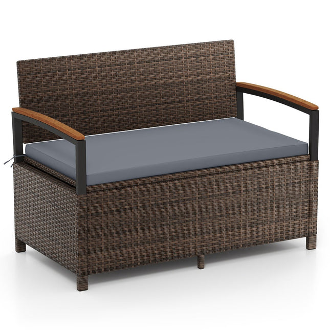 Polyrattan Outdoorbank mit Stauraum & Kissen, Grau