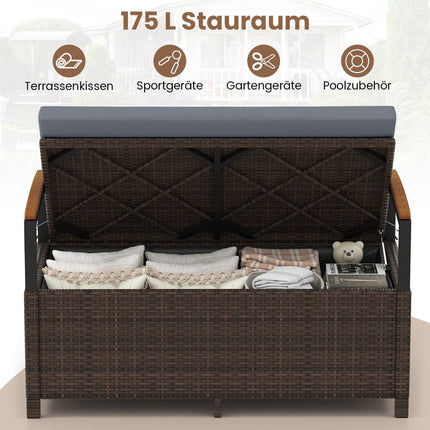 Polyrattan Outdoor Bench with Storage & Cushion, Grey