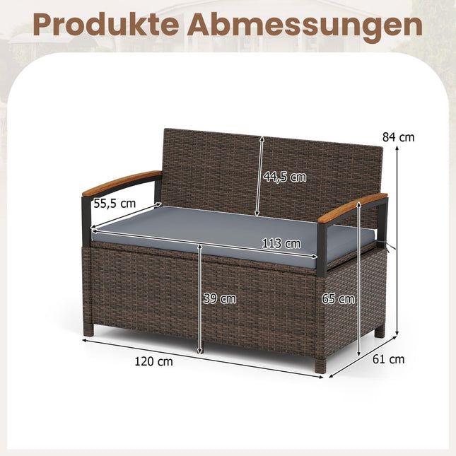 Polyrattan Outdoorbank mit Stauraum & Kissen, Grau