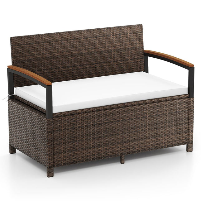 Polyrattan Gartenbank mit Stauraum & Kissen, Weiß