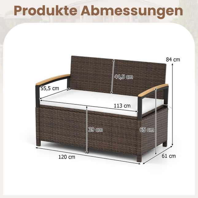 Polyrattan Gartenbank mit Stauraum & Kissen, Weiß