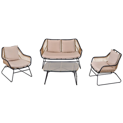 4er-Sofagruppe aus Rattan, Tisch aus gehärtetem Glas, Kissen