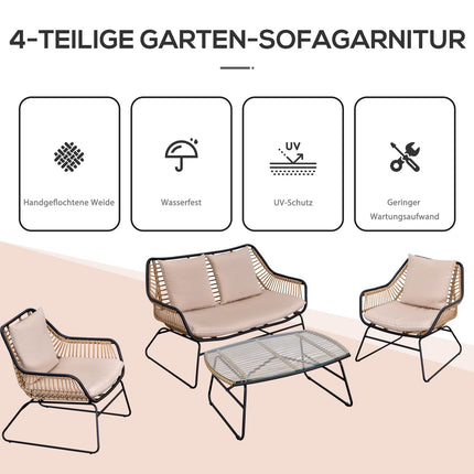4er-Sofagruppe aus Rattan, Tisch aus gehärtetem Glas, Kissen