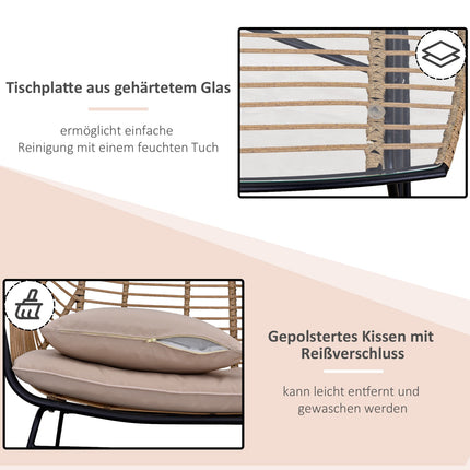 4er-Sofagruppe aus Rattan, Tisch aus gehärtetem Glas, Kissen