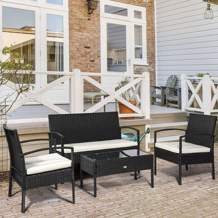 Gartenmöbel-Lounge-Set aus Polyrattan mit Kissen, schwarz, 4 Sitzplätze