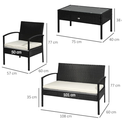Gartenmöbel-Lounge-Set aus Polyrattan mit Kissen, schwarz, 4 Sitzplätze