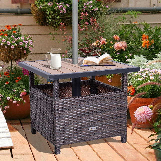 Brauner Gartentisch aus Polyrattan mit Schirmständer, 55,5 cm